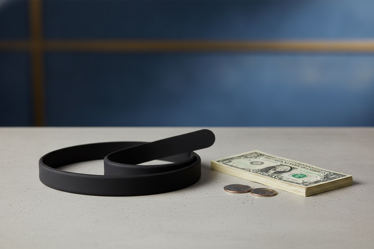 A price tag next to a simple rubber shirt-tucker belt, illustrating value versus cost