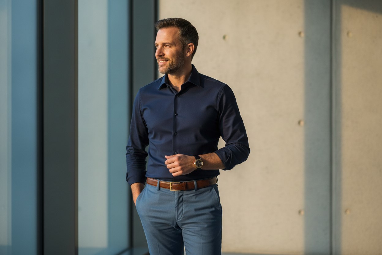 A neatly tucked dress shirt worn for a full workday, illustrating everyday shirt-stay use
