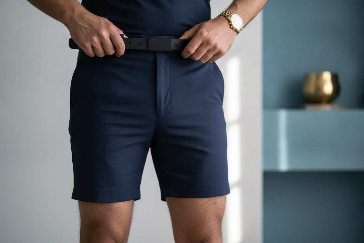 A man with hair on his legs choosing a waist belt over a leg-strap shirt stay
