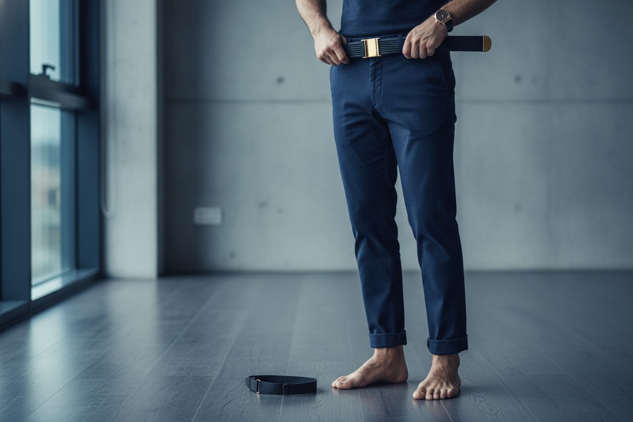 A man with hair on his legs choosing a waist belt over a leg-strap shirt stay
