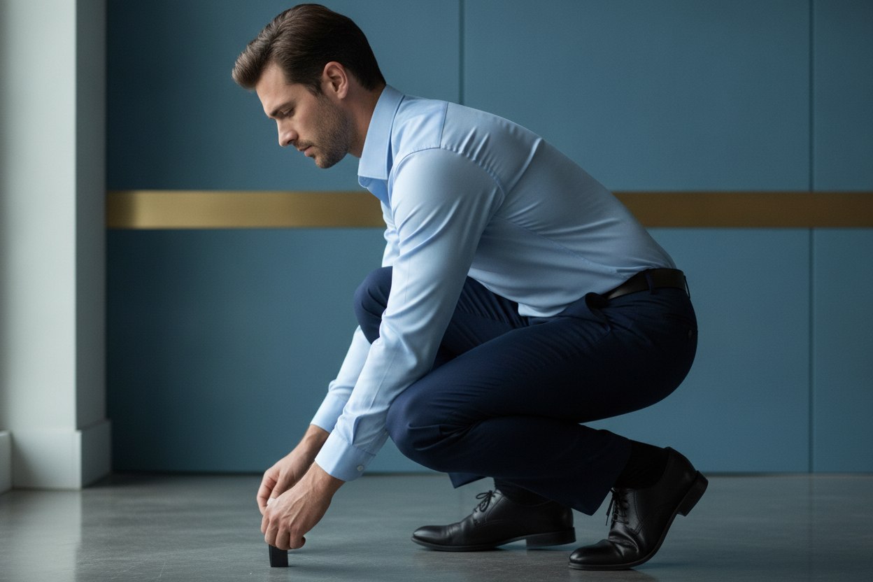 A professional crouching down at work while wearing a tucked shirt, illustrating movement and range of motion