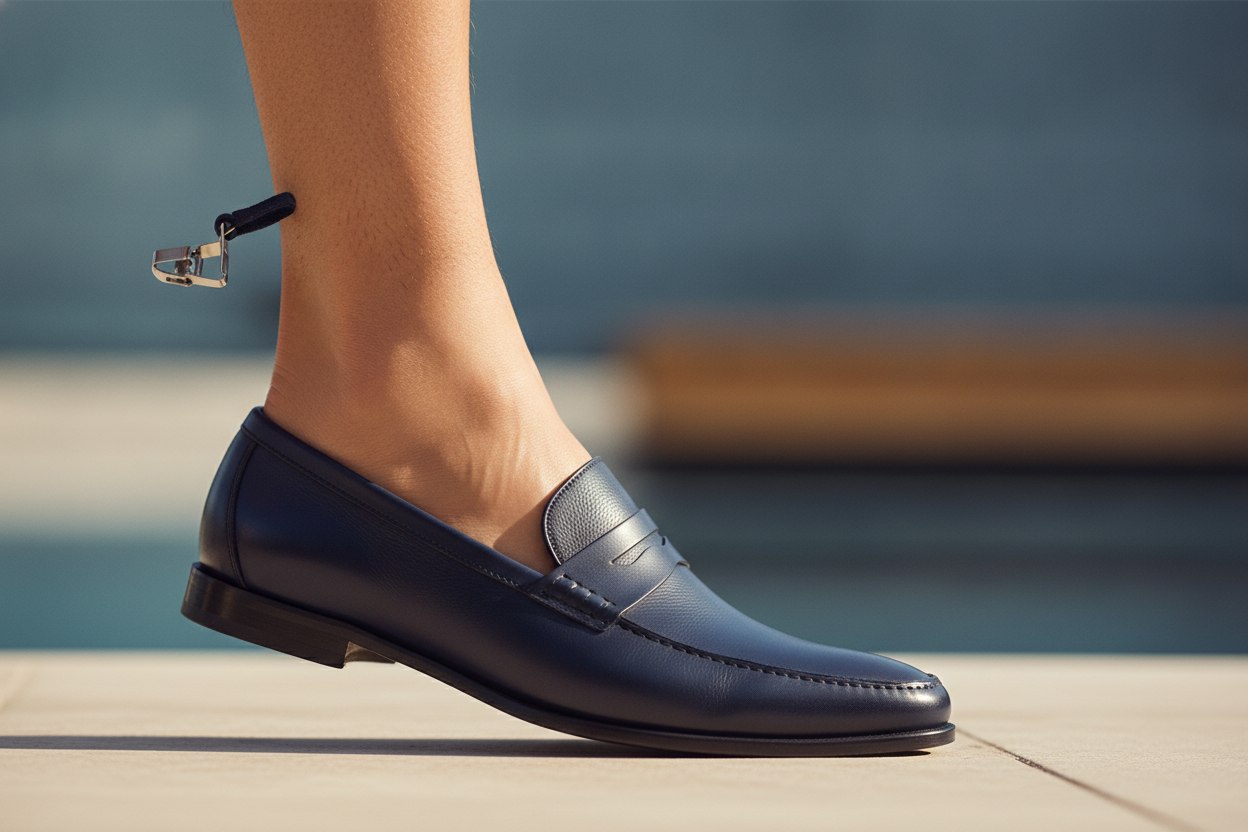 A summer outfit with loafers worn sockless next to a tucked shirt, illustrating the sockless shirt-stay question