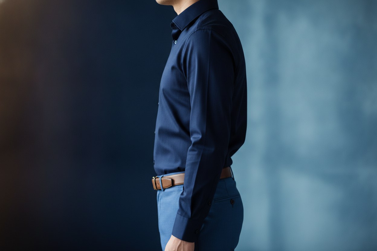 Side profile comparison of upright versus slightly slouched posture in a tucked dress shirt