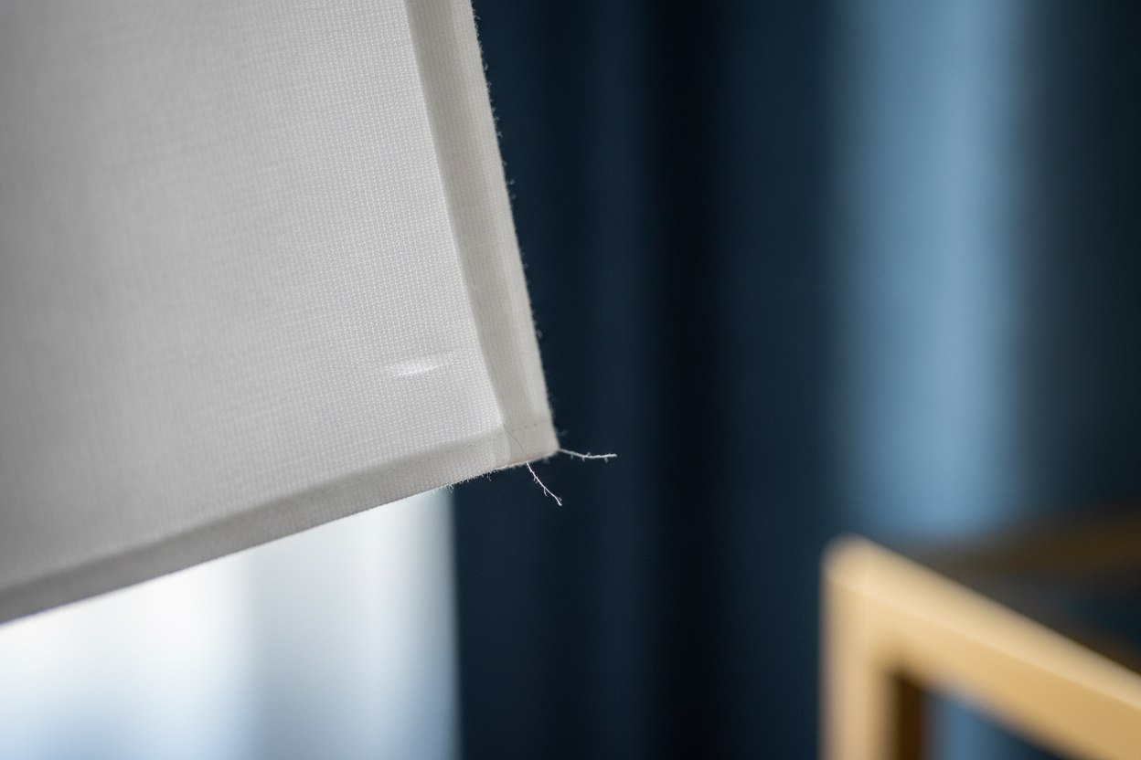 A close-up of a dress shirt hem with a small mark left by a metal shirt-stay clip