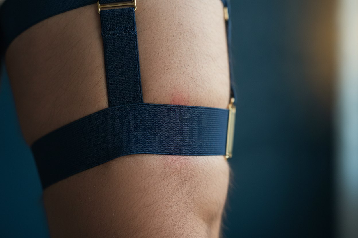 Close-up of a leg-strap shirt stay garter clipped to a sock and shirt hem, illustrating where leg discomfort comes from