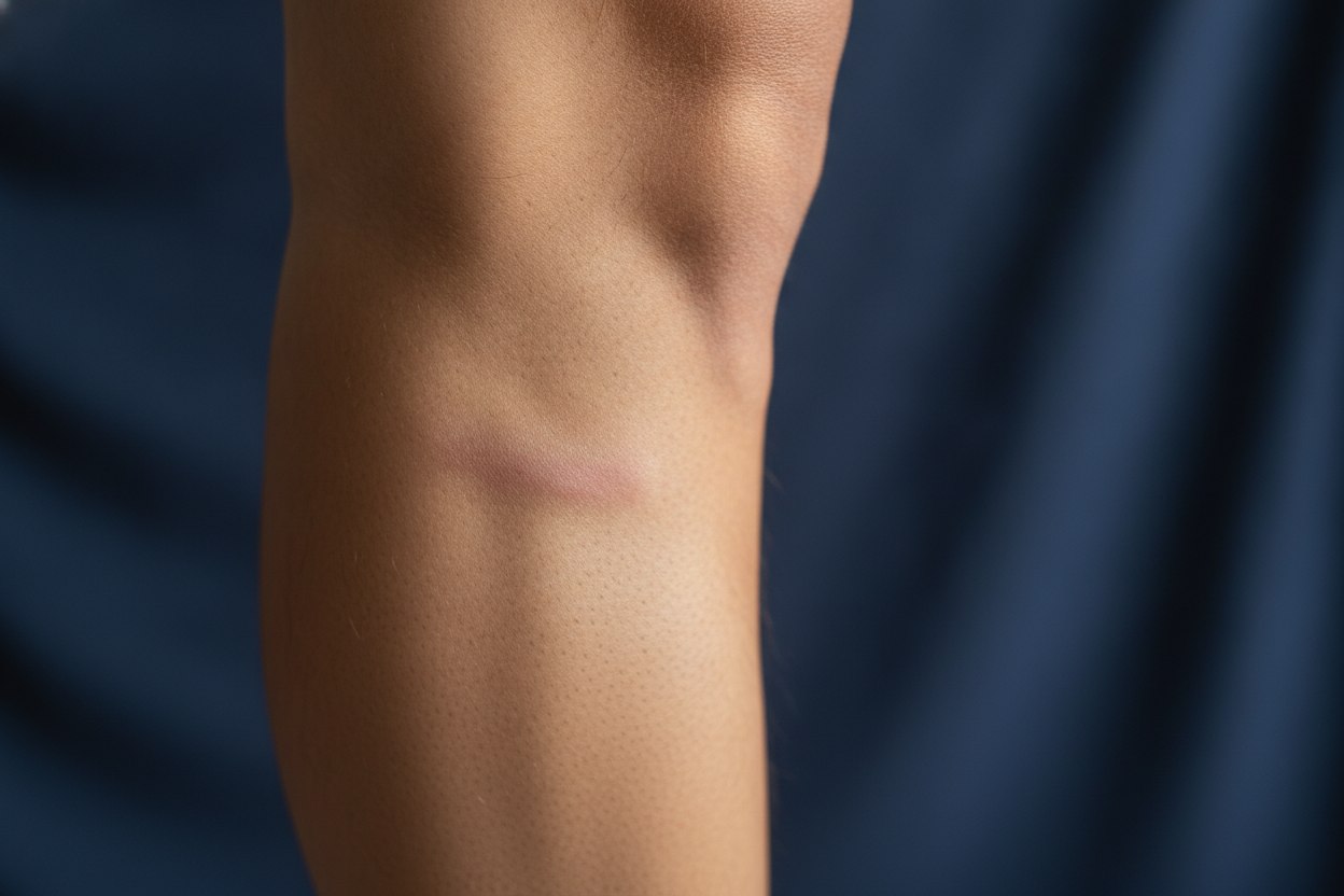 A calf showing a faint indentation line from an elastic strap worn all day