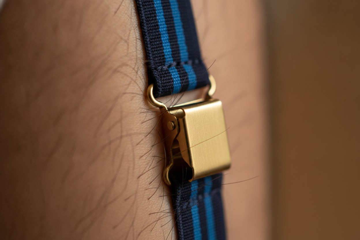 A garter-style shirt stay clip resting against the hair on a man's calf, showing where hair pulling happens