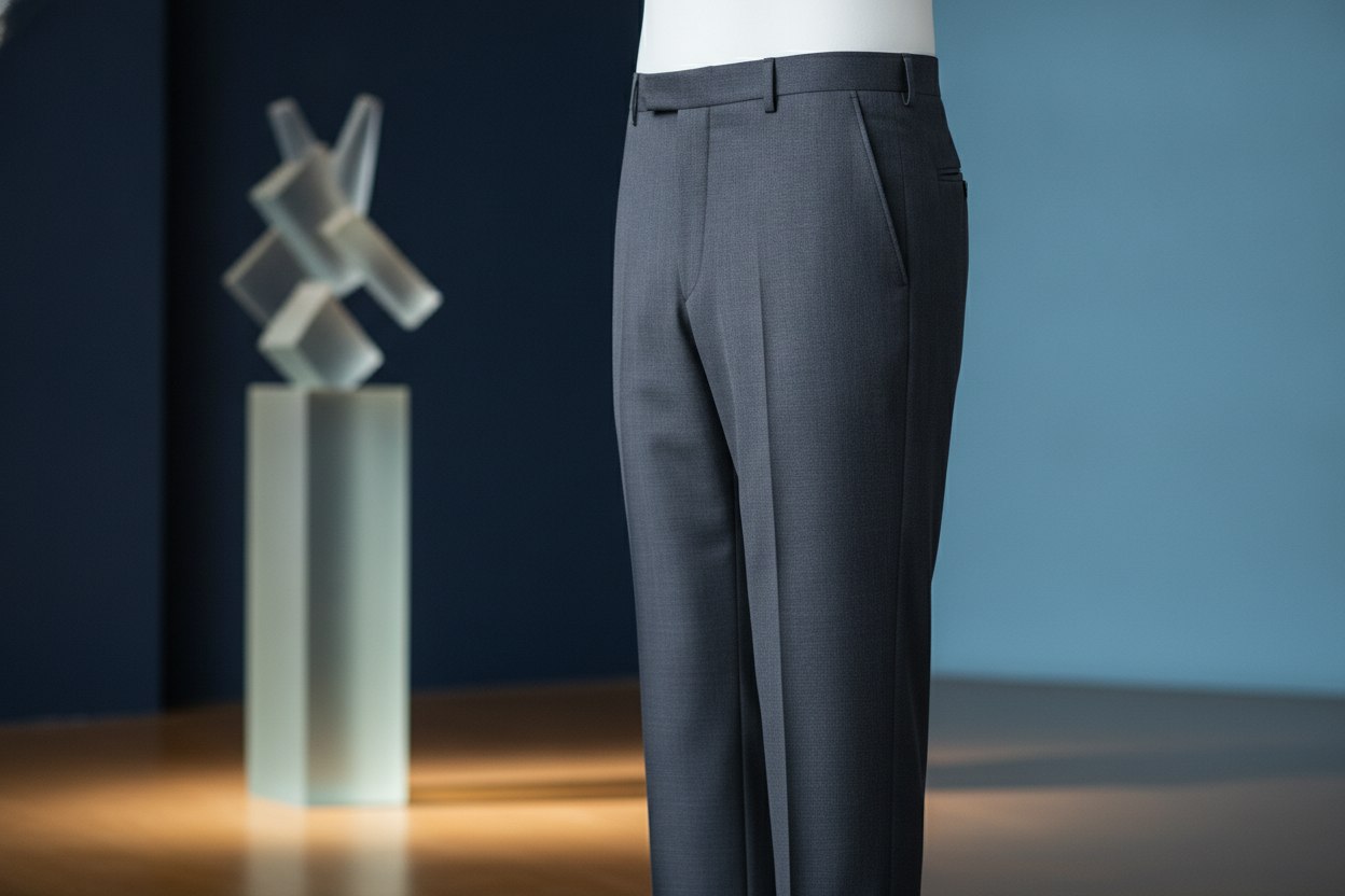 A well-fitted pair of dress trousers with a smooth waistline, illustrating a shirt stay staying invisible
