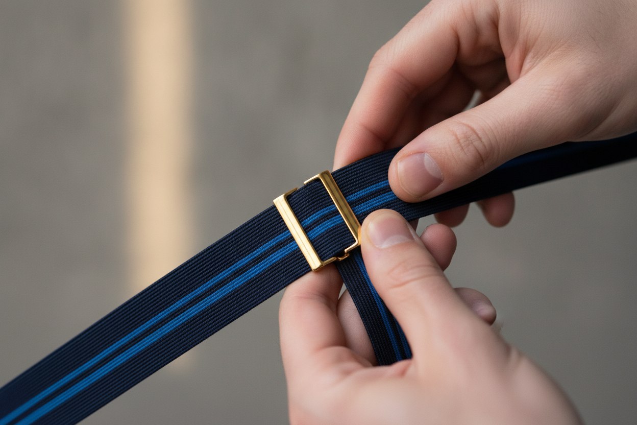 Hands adjusting the slider on an elastic shirt stay strap to set the correct tension