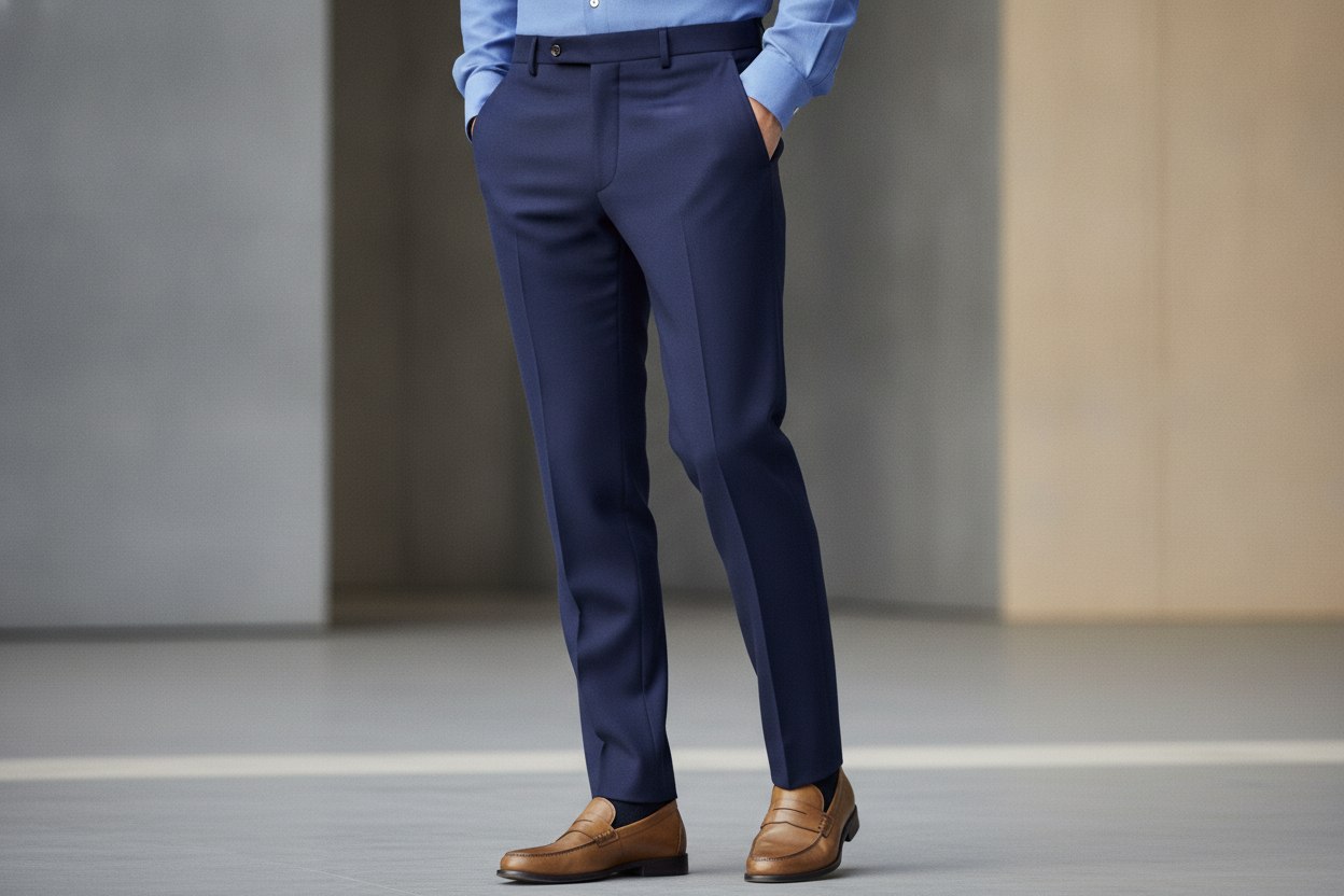 A smooth, clean trouser and shirt waistline with no visible shirt-stay hardware