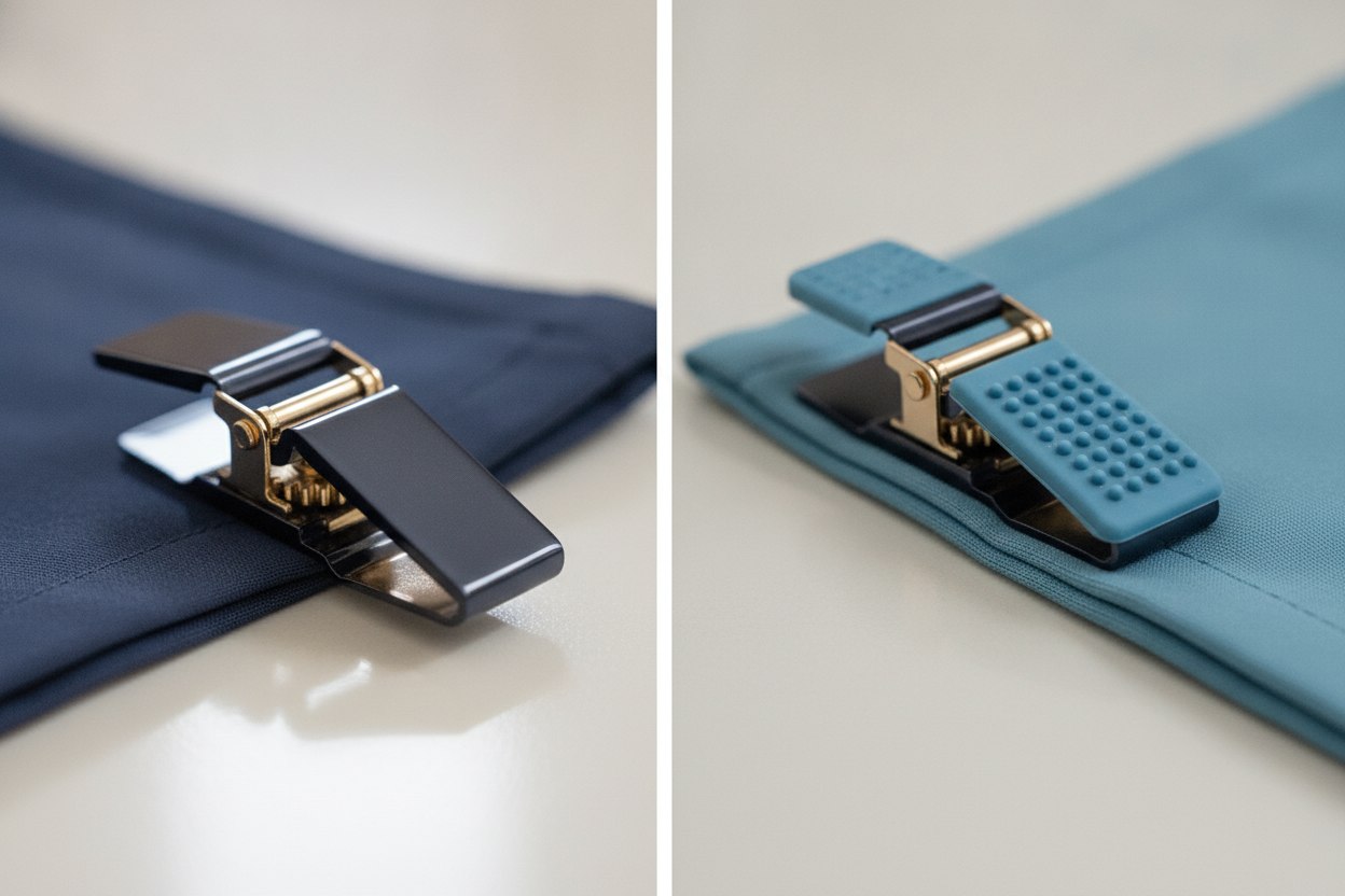 Side-by-side of a metal shirt-stay clasp and a softer silicone gripper clip
