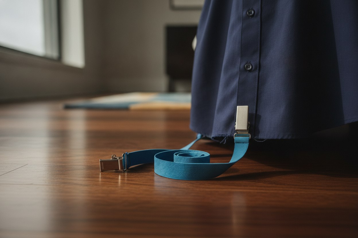 A close-up of an unclipped shirt stay clasp that has popped loose from the shirt hem