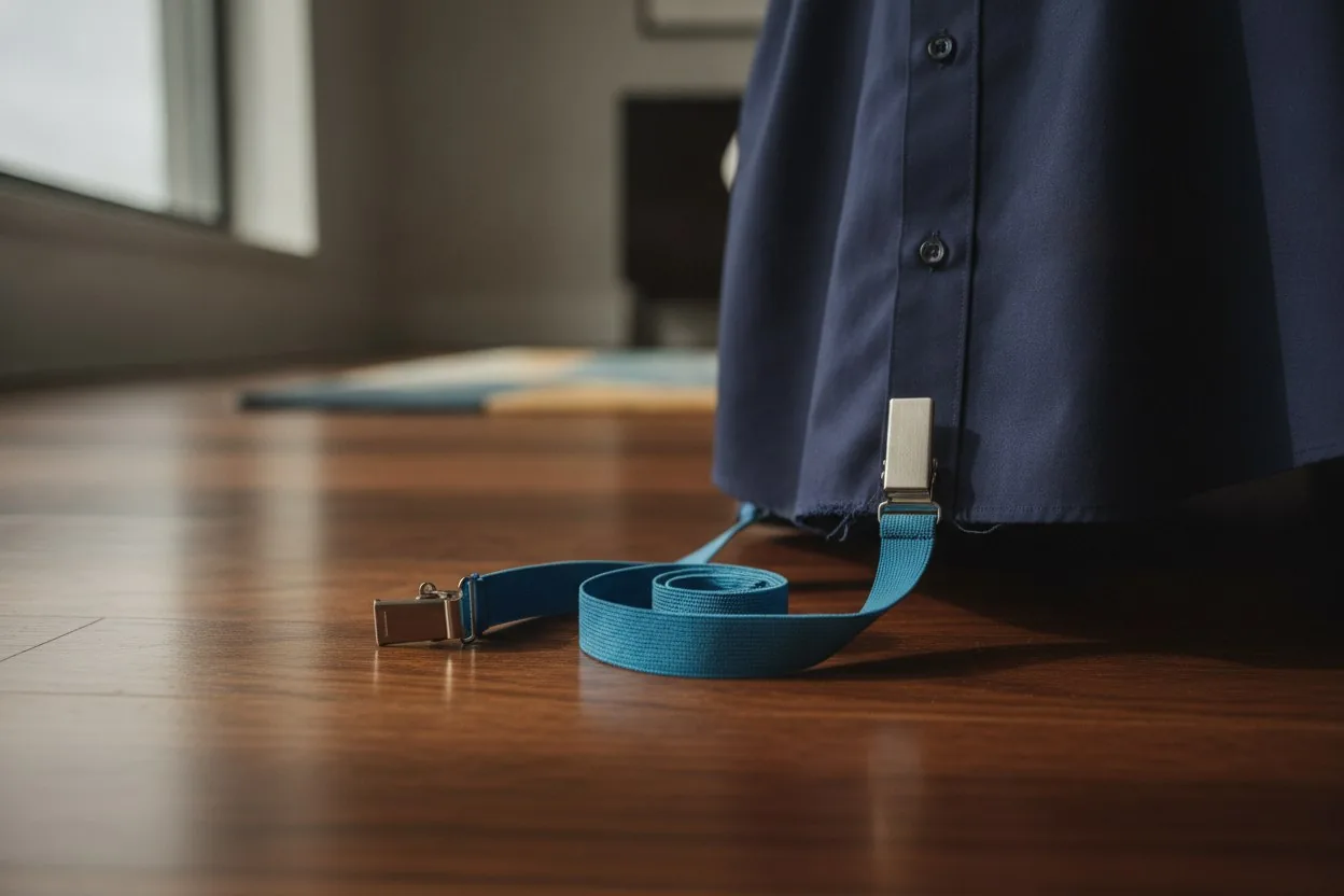 A close-up of an unclipped shirt stay clasp that has popped loose from the shirt hem