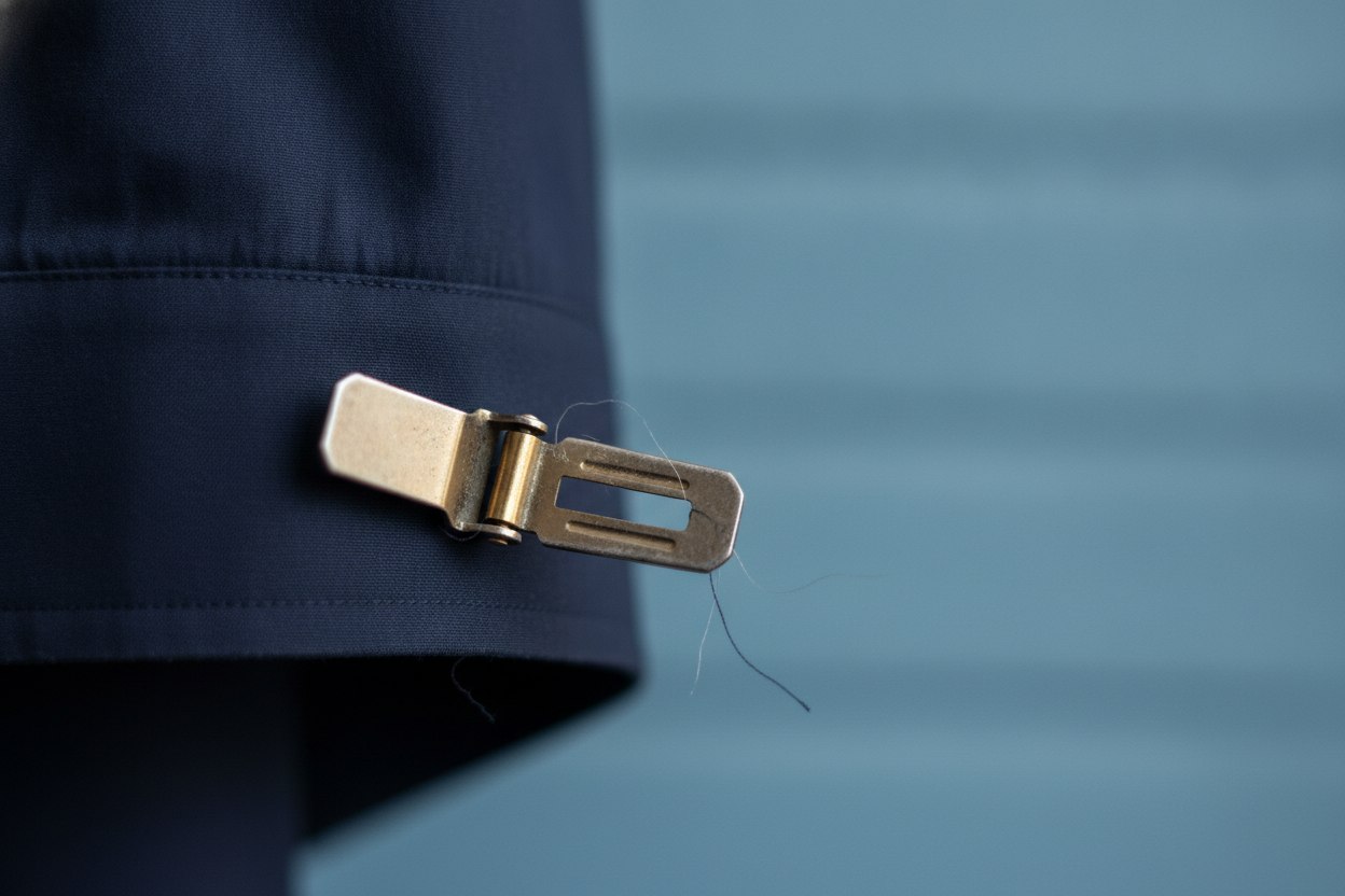 A close-up of an unclipped shirt stay clasp that has popped loose from the shirt hem