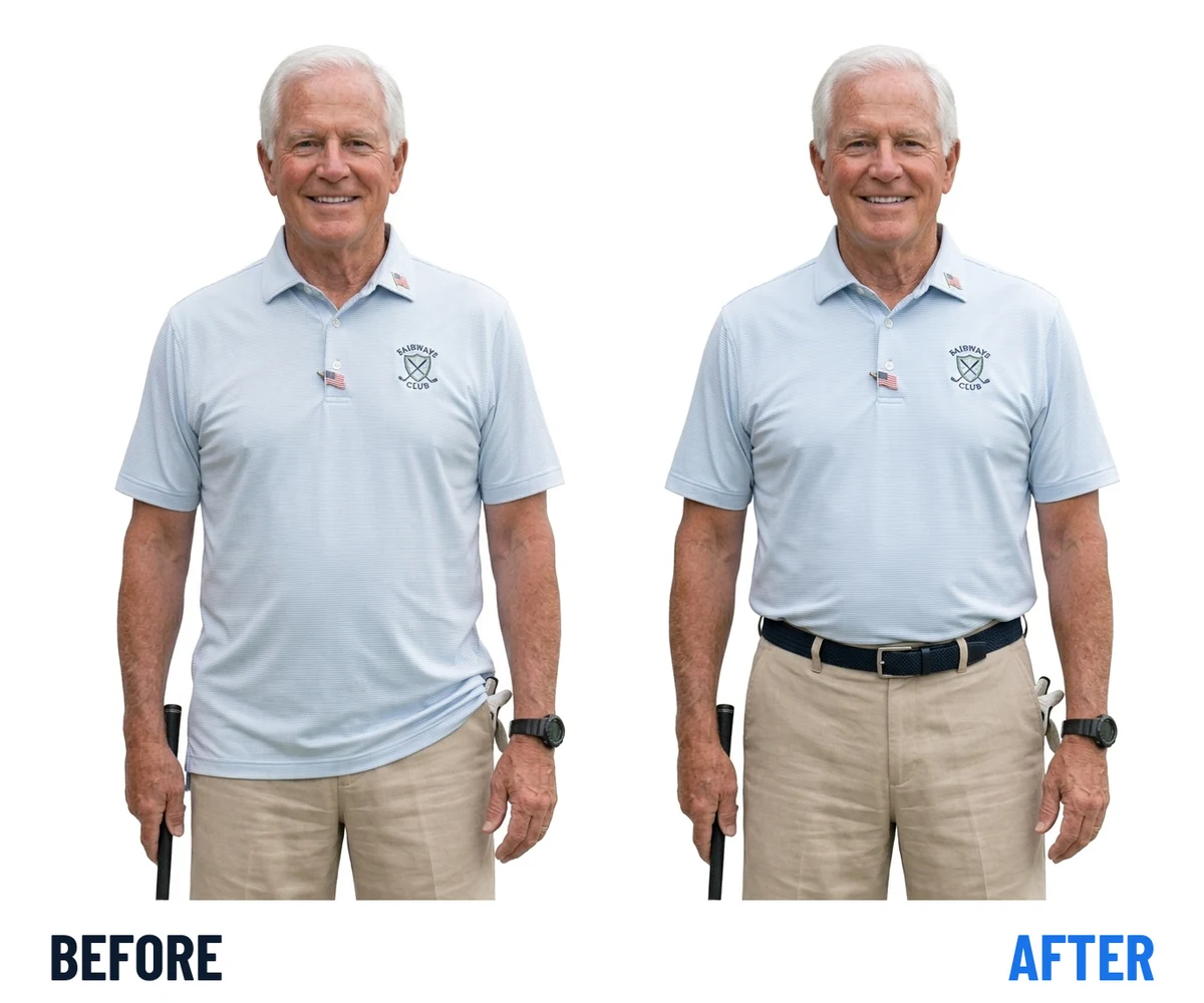The same golfer twice: on the left the polo has pulled out and bunched over the waistband, on the right it is held flat and tucked under the belt.