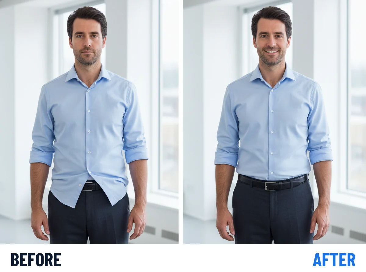 The same man twice: on the left his shirt hangs loose over the belt, on the right it is tucked flat with the belt fully visible.