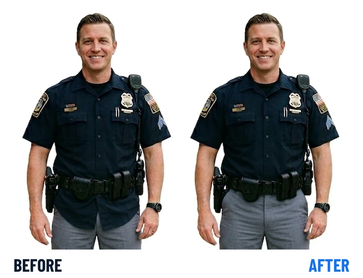 The same officer twice: on the left the uniform shirt has crept out and bunched over the duty belt, on the right it is held flat and squared away.