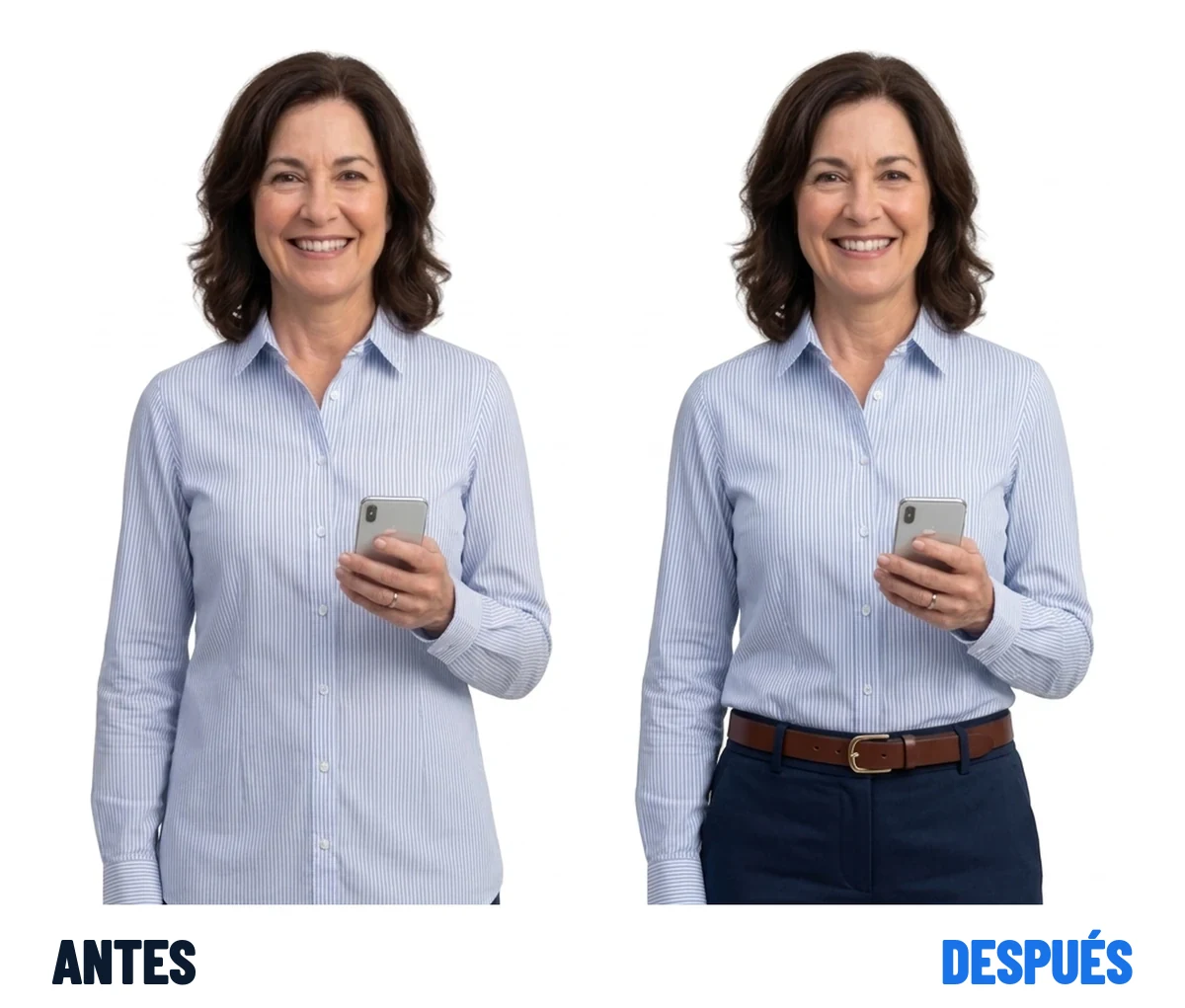La misma profesional dos veces: a la izquierda la camisa está arrugada y suelta sobre la cinturilla; a la derecha queda plana y fajada bajo un cinturón.