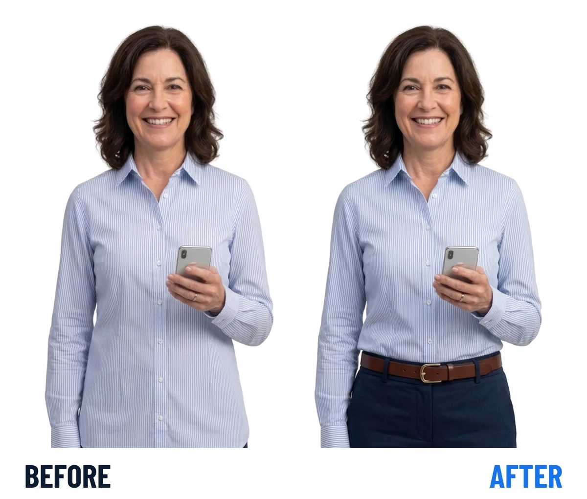 The same professional twice: on the left the shirt is rumpled and hanging loose over the waistband, on the right it is tucked flat under a belt.