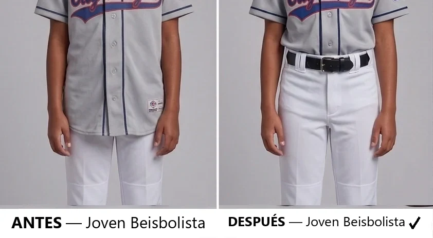 El mismo joven beisbolista con el mismo uniforme: a la izquierda la camiseta cuelga suelta sobre el pantalón; a la derecha queda fajada y plana bajo el cinturón.