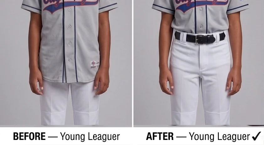 The same young ballplayer in the same uniform: on the left the jersey hangs loose over the pants, on the right it is tucked flat under a belt.