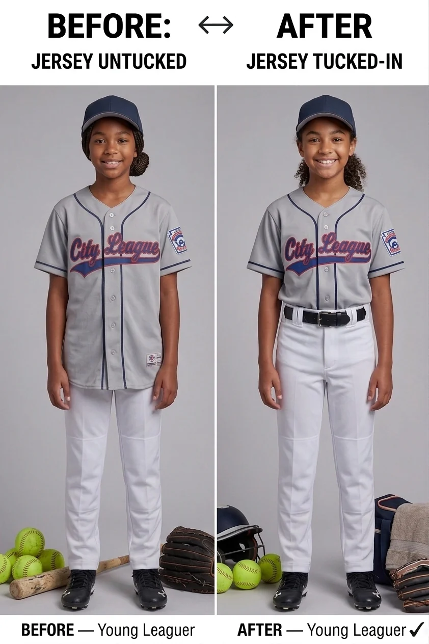 Young ballplayer before and after: jersey untucked and hanging, then tucked flat with a belt.