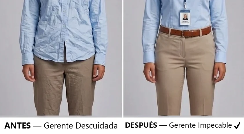 La misma mujer con la misma camisa y pantalón: a la izquierda la camisa está arrugada y suelta sobre la cinturilla; a la derecha queda plana y fajada bajo un cinturón.