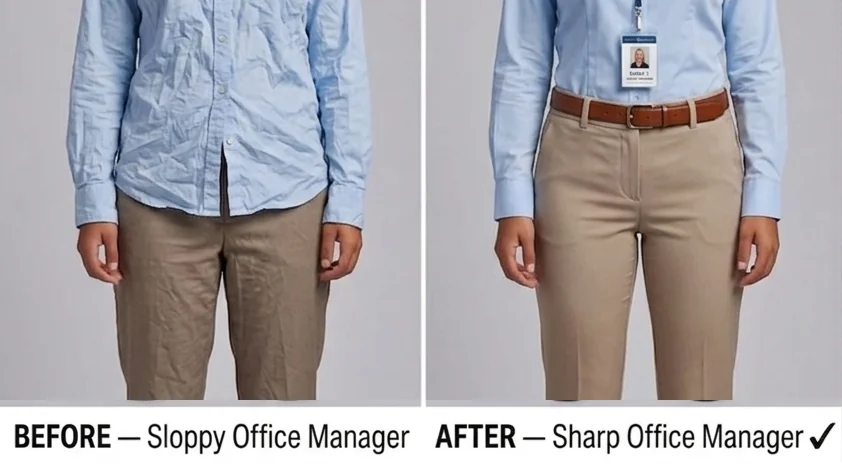 The same woman in the same shirt and trousers: on the left the shirt is wrinkled and hanging loose over the waistband, on the right it is tucked flat under a belt.