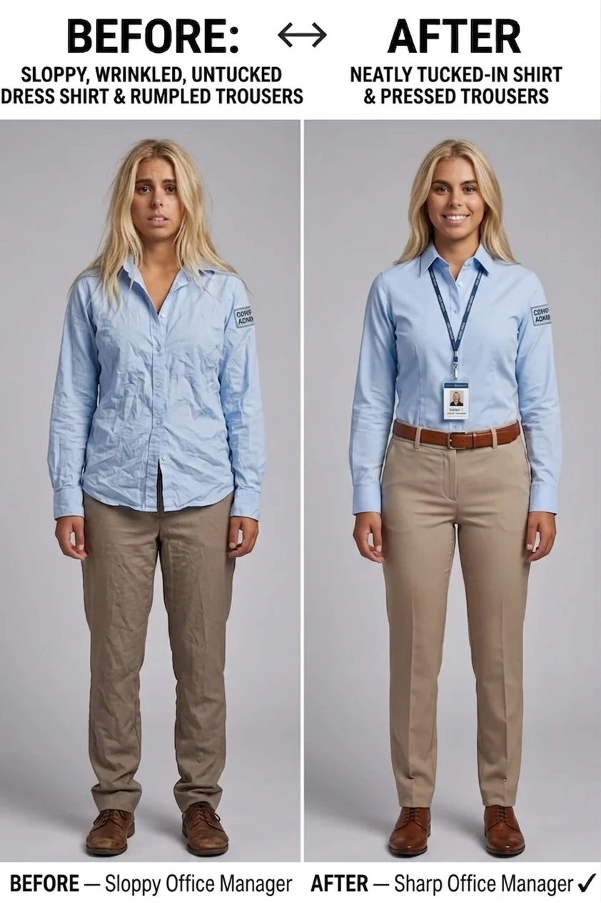 Woman in office dress, before and after: shirt wrinkled and untucked, then tucked flat under a belt.