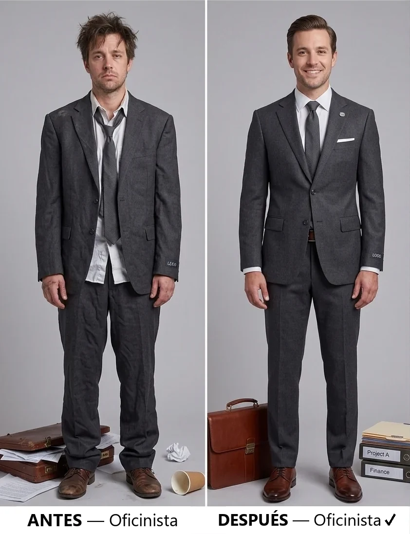 Un hombre con el mismo traje antes y después: la camisa y el saco sueltos y arrugados a la izquierda, todo planchado y fajado a la derecha.