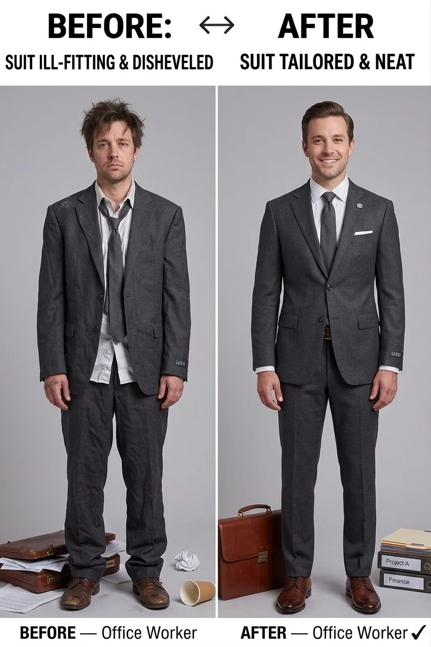 A man in the same suit before and after: shirt and jacket hanging open and rumpled on the left, everything pressed and tucked on the right.