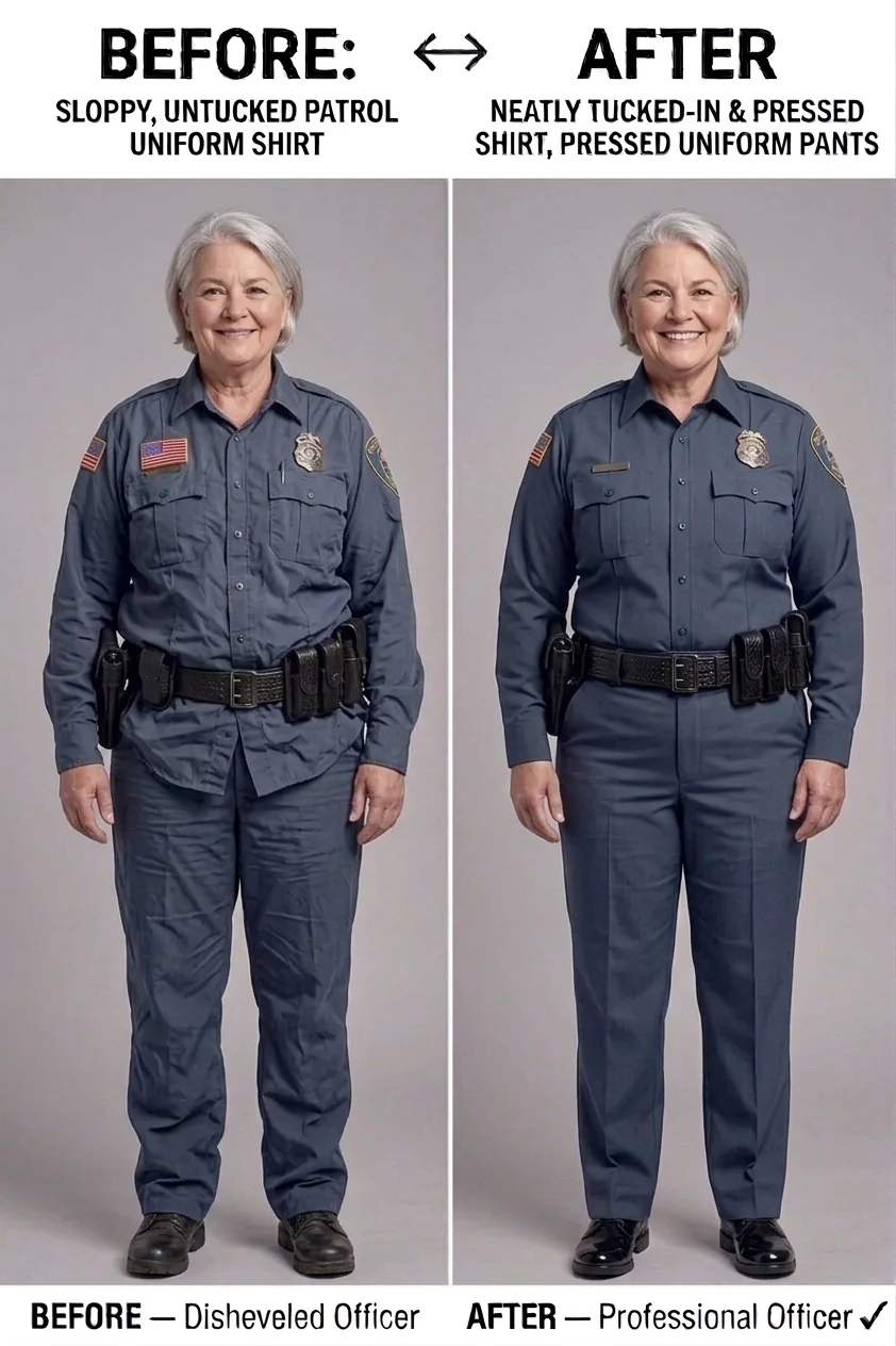 Woman police officer, before and after: patrol shirt bunched over the duty belt, then held flat.