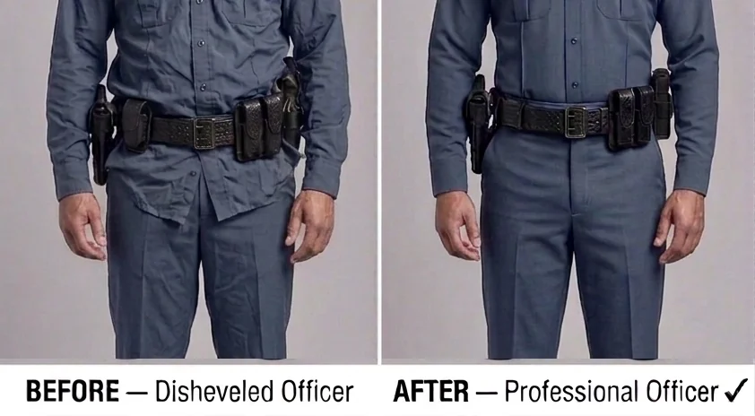 A patrol officer side by side: uniform shirt bunched over the duty belt on the left, held flat and squared away on the right.