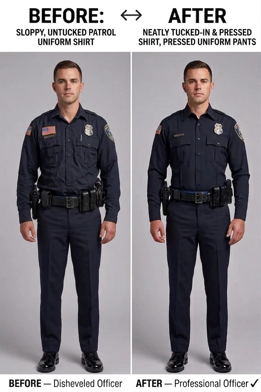 Patrol officer before and after: shirt untucked and bunched over the duty belt, then flat and squared away.