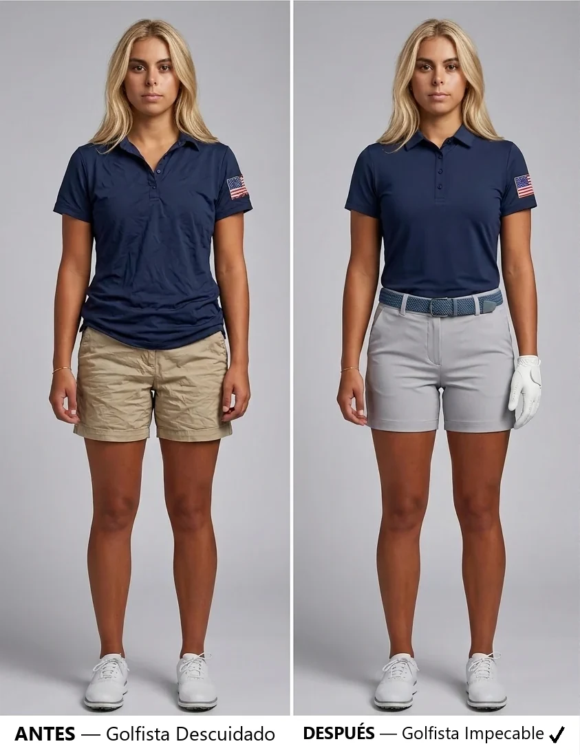 Polo de golf antes y después: suelto y arrugado a la izquierda, fajado y plano con el cinturón a la derecha.