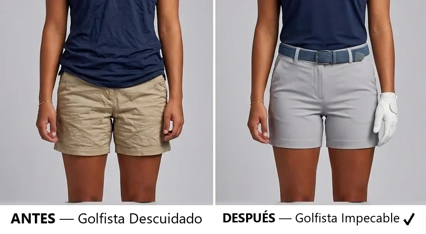 El mismo golfista lado a lado: a la izquierda el polo se ha salido y se amontona sobre la cinturilla; a la derecha queda plano y fajado bajo el cinturón.