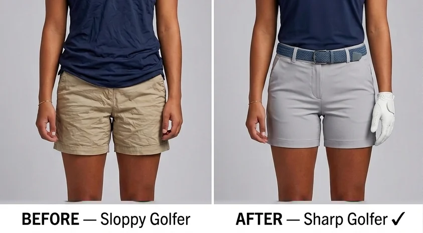 The same golfer side by side: polo pulled out and bunched over the waistband on the left, tucked flat under a belt on the right.