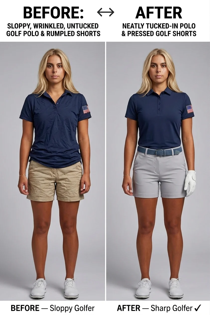 Woman golfer, before and after: polo pulled out over the waistband, then tucked flat under a belt.