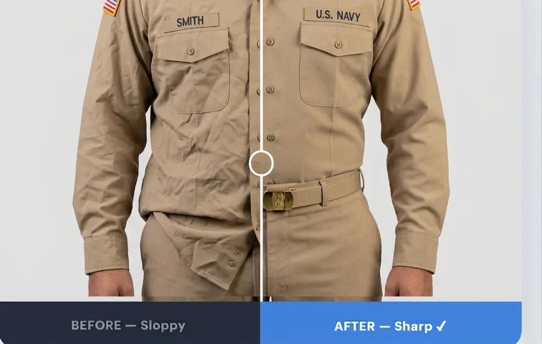 The same Navy khaki uniform side by side: on the left the shirt is wrinkled and its tail has pulled out below the waist, on the right it is held flat and tucked under the belt.