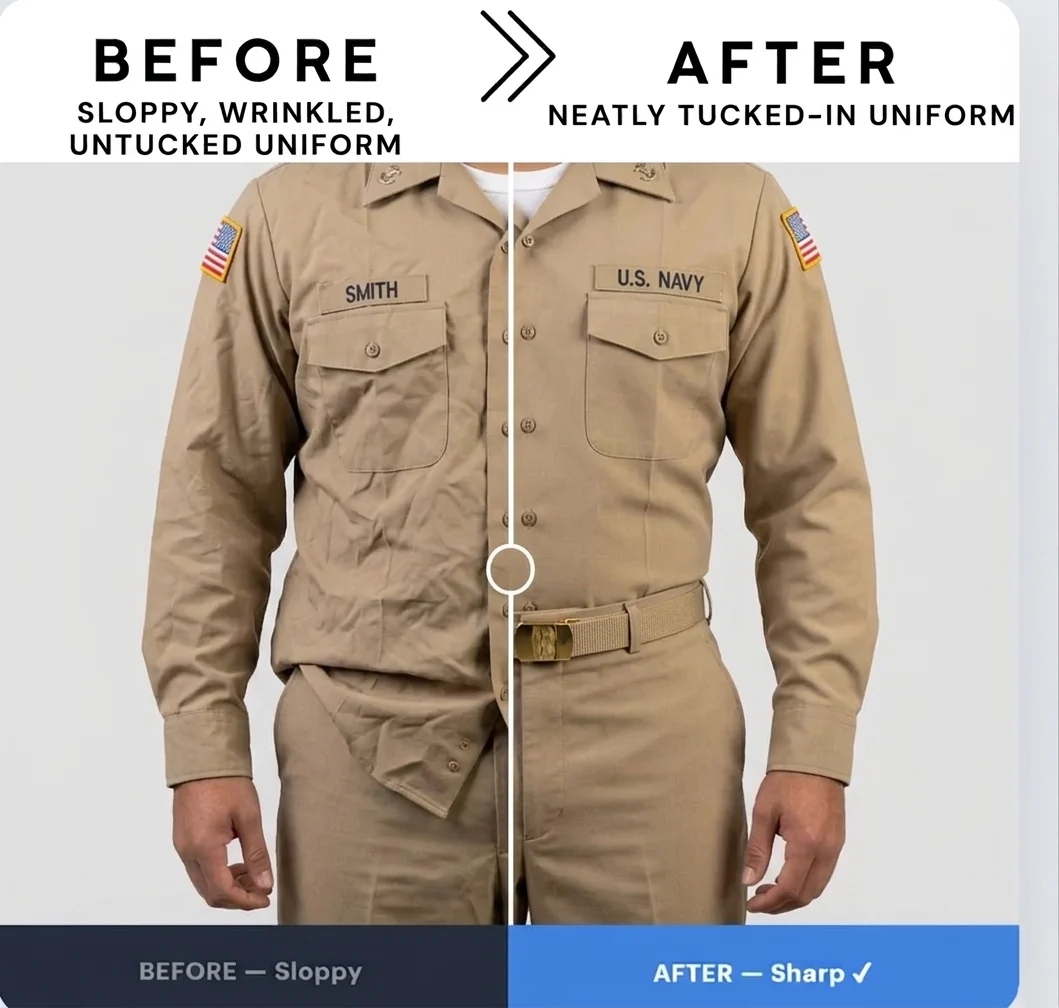 Navy khaki uniform side by side: on the left the shirt tail has pulled out and hangs below the waist, on the right it is tucked flat under the belt.