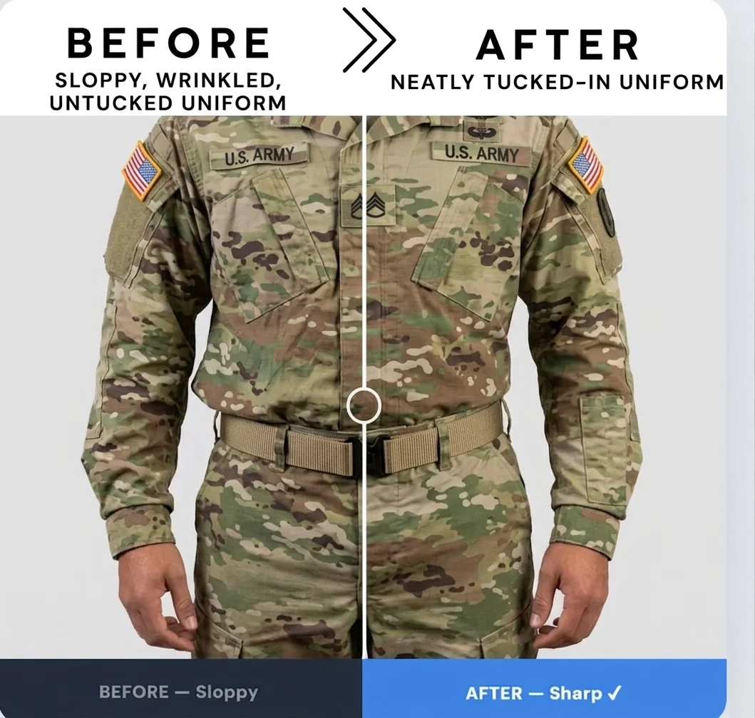 Army OCP uniform side by side: on the left the blouse hangs loose and bunched over the belt, on the right it is flat and tucked.