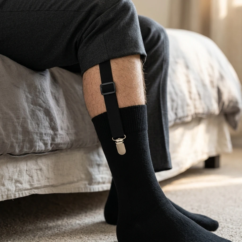 Shirt stay clipped to a black dress sock about an inch and a half below the top band