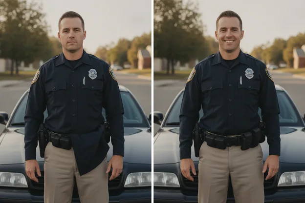 Before and after on the same officer: uniform shirt pulled out and rumpled, then tucked flat under the duty belt