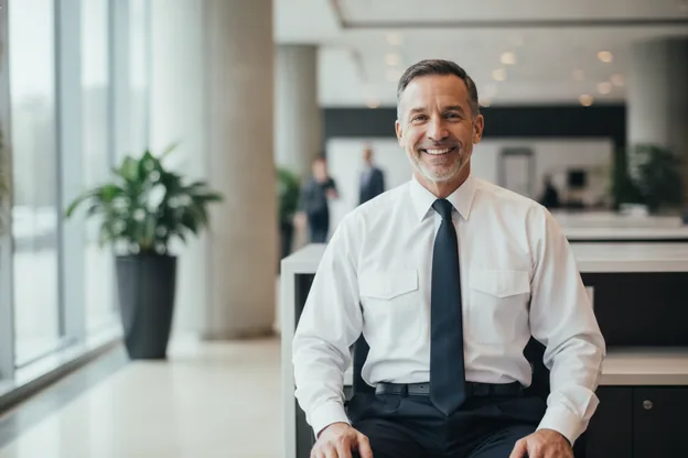 A security officer on a lobby post, relaxed and sharp