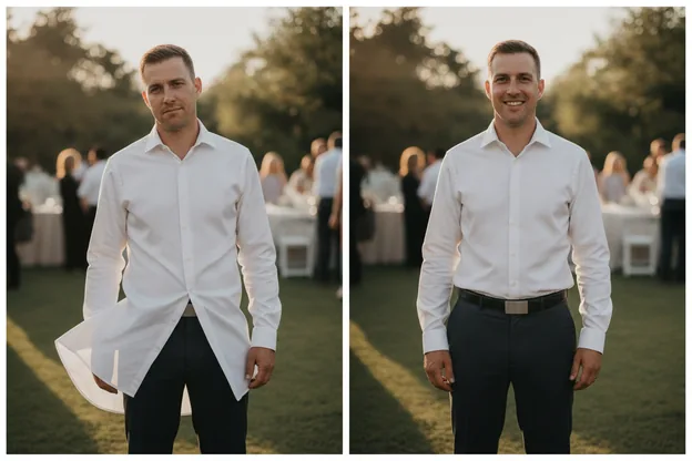 Before and after on the same guest: dress shirt rumpled and untucked, then tucked flat