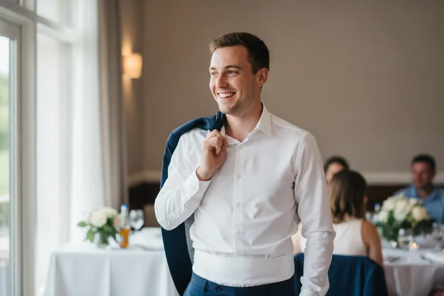 A groomsman during a reception, shirt still crisp