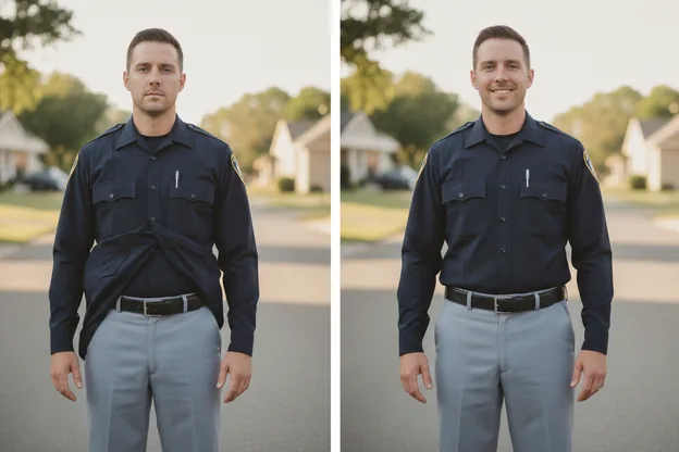 Before and after on the same person: shirt pulled out and rumpled, then tucked flat