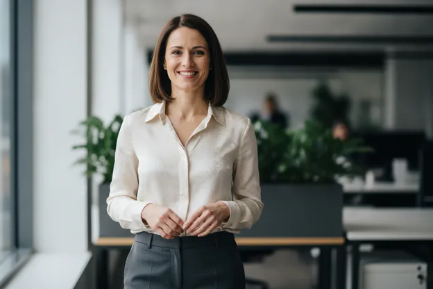 A smiling office professional in a tucked dress shirt