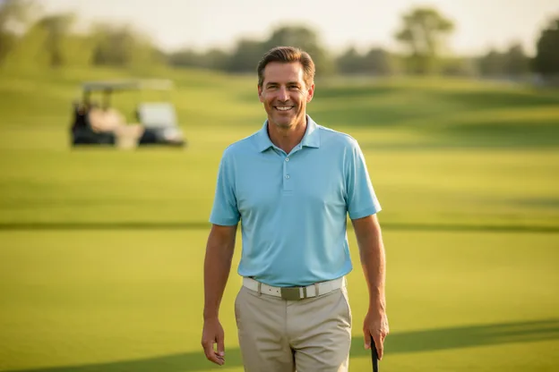 A smiling golfer with a polo tucked flat