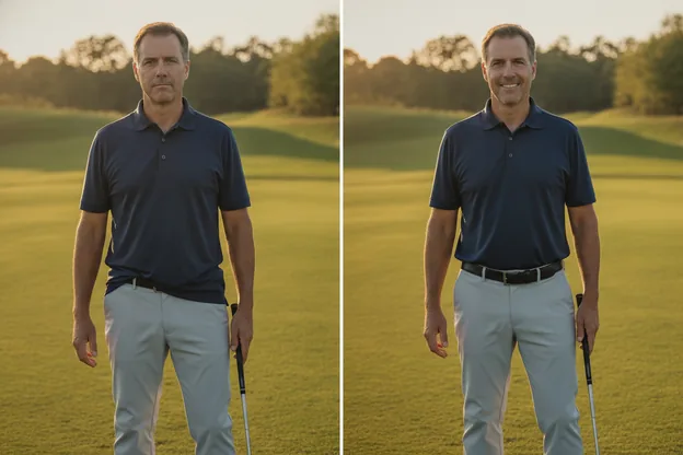 Before and after on the same golfer: polo pulled loose over the waistband, then tucked flat